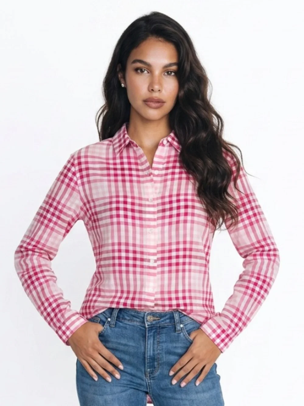 J MCLAUGHLIN Plaid Shirt Top Button Pink White $148 Popover Tunic